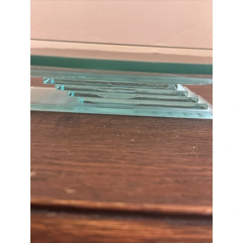 Sleek Modern Blue Green Tinted Stacked Glass Tray Snacks Vanity Display 13.5 X 9